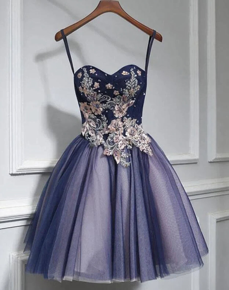 Evening Dresses V Neck, Lovely Purple-Blue Knee Length Flowers Sweetheart Homecoming Dress, Short Prom Dress