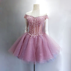 Prom Dresses Websites, Lovely Tulle Light Pink-Purple Mini Party Dress, Lovely Off Shoulder Lace-up Homecoming Dress