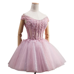 Prom Dress Websites, Lovely Tulle Light Pink-Purple Mini Party Dress, Lovely Off Shoulder Lace-up Homecoming Dress
