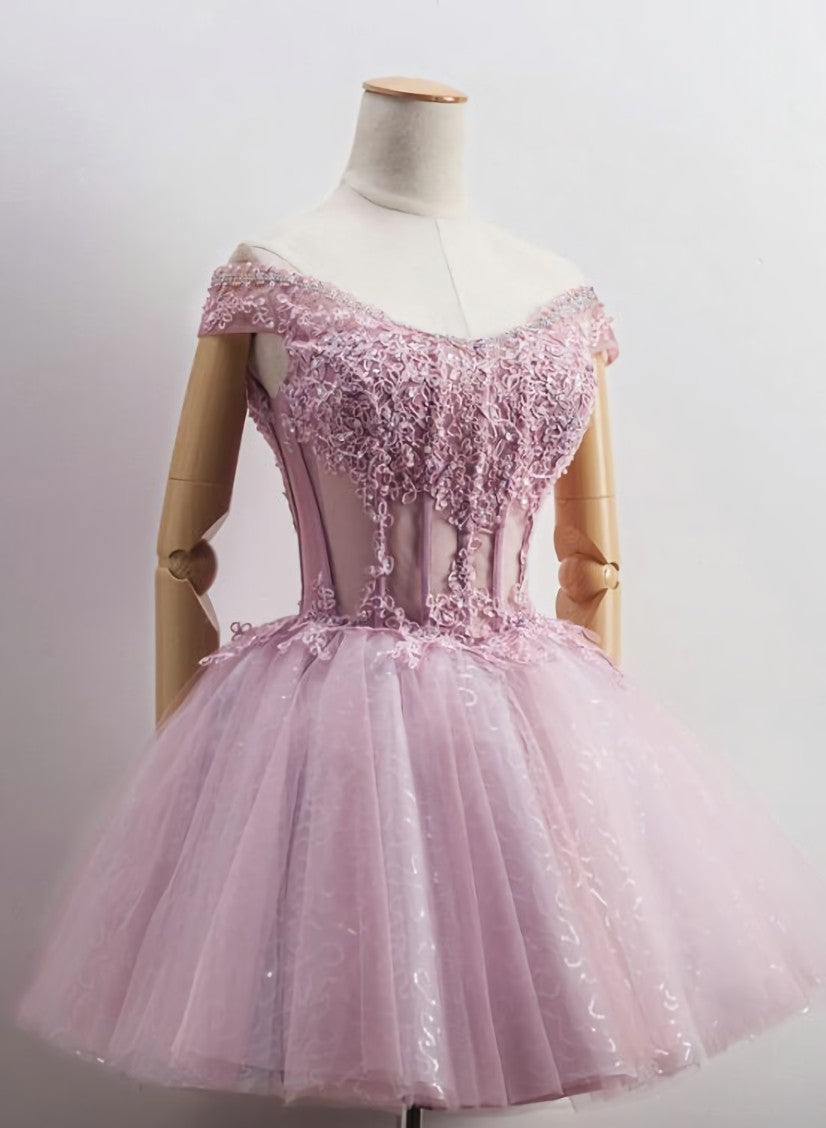 Prom Dresses Website, Lovely Tulle Light Pink-Purple Mini Party Dress, Lovely Off Shoulder Lace-up Homecoming Dress