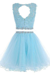 Cocktail Dress Prom, Lovely Two Piece Tulle with Lace Applique, Short Prom Dress