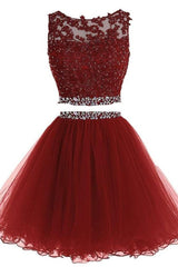 Strapless Dress, Lovely Two Piece Tulle with Lace Applique, Short Prom Dress