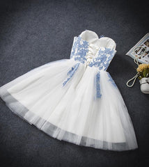 Evening Dresses Gold, Lovely White Tulle Party Dress with Blue Applique, Homecoming Dress