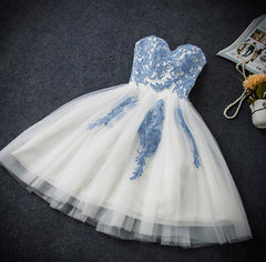 Evening Dresses 08, Lovely White Tulle Party Dress with Blue Applique, Homecoming Dress