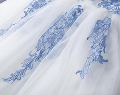 Evening Dresses For Over 48S, Lovely White Tulle Party Dress with Blue Applique, Homecoming Dress