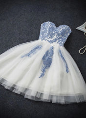 Evening Dresses 3 12 Sleeve, Lovely White Tulle Party Dress with Blue Applique, Homecoming Dress