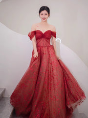 Bridesmaid Dress Gown, Lovely Wine Red Tulle Sweetheart Long Formal Dress, Off Shoulder Wine Red Prom Dress