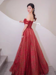 Bridesmaid Dressing Gowns, Lovely Wine Red Tulle Sweetheart Long Formal Dress, Off Shoulder Wine Red Prom Dress
