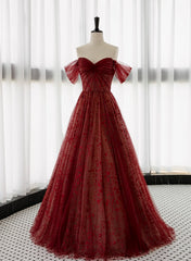 Bridesmaid Dresses Orange, Lovely Wine Red Tulle Sweetheart Long Formal Dress, Off Shoulder Wine Red Prom Dress