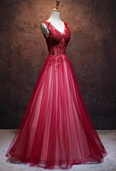 Formal Dress Places Near Me, Lovely Wine Red V-neckline Tulle Party Gown, A-line Prom Dress