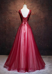 Formal Dress Cheap, Lovely Wine Red V-neckline Tulle Party Gown, A-line Prom Dress
