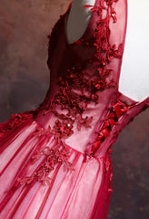 Formal Dress Black Dress, Lovely Wine Red V-neckline Tulle Party Gown, A-line Prom Dress