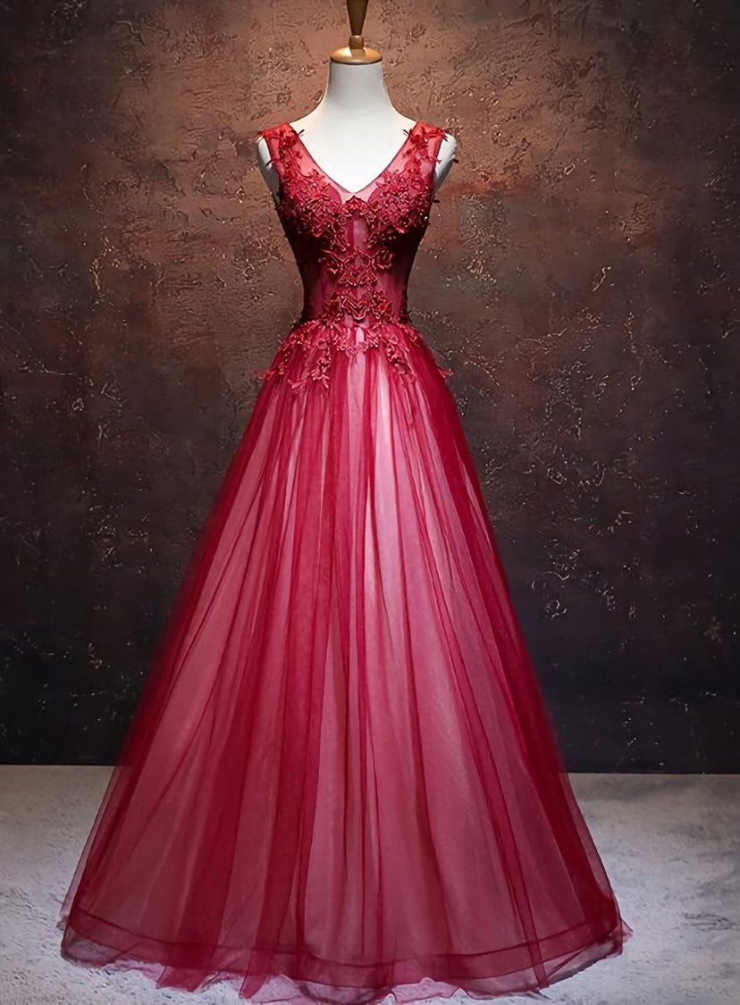 Formal Dressing For Wedding, Lovely Wine Red V-neckline Tulle Party Gown, A-line Prom Dress