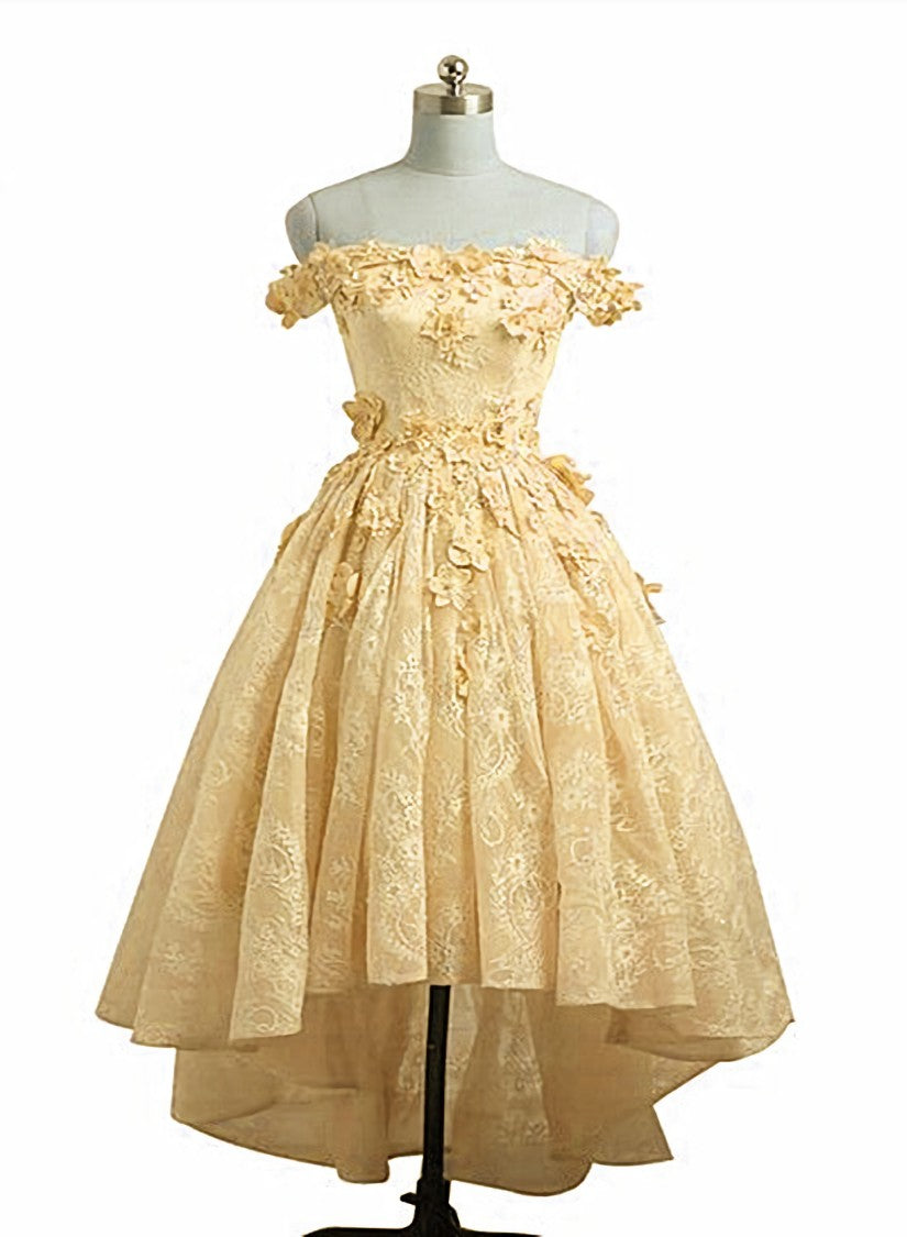 Formal Dress For Woman, Lovely Yellow Off Shoulder Lace High Low Party Dress, Yellow Formal Dress