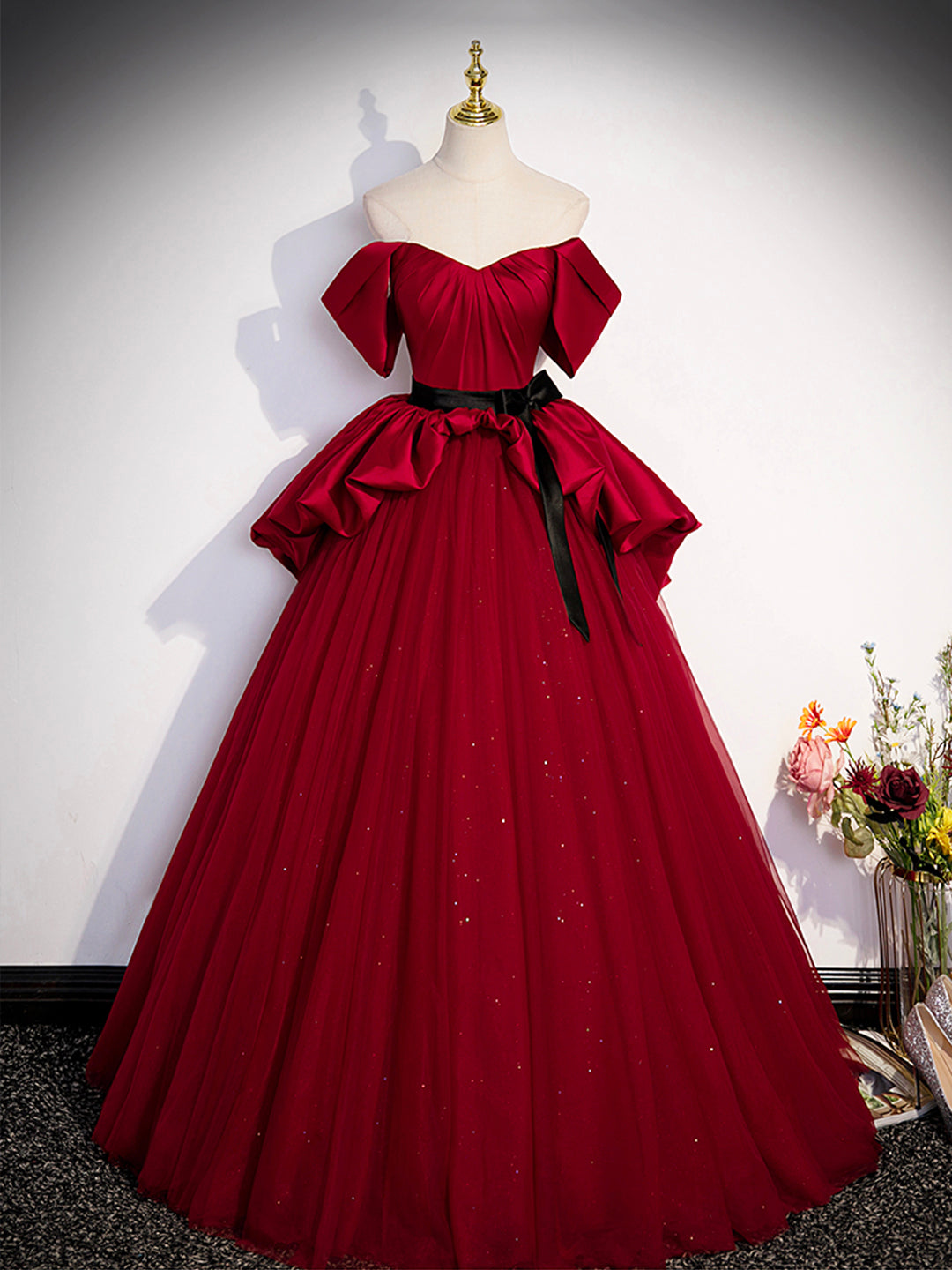 Formal Dress For Ladies, Burgundy Sweetheart Neck Formal Dress, A-Line Tulle Floor Length Prom Dress