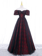 Bridesmaid Dresses Burgundy, Black Tulle A-Line Prom Dress with Rose Print, Black Off Shoulder Evening Party Dress