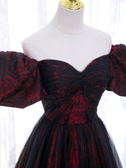 Bridesmaids Dresses Affordable, Black Tulle A-Line Prom Dress with Rose Print, Black Off Shoulder Evening Party Dress