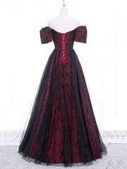 Bridesmaids Dress Affordable, Black Tulle A-Line Prom Dress with Rose Print, Black Off Shoulder Evening Party Dress