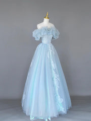 Hoco Dress, Light Blue Tulle Lace Long Prom Dress, Beautiful Off Shoulder Evening Party Dress