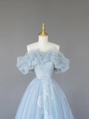 Elegant Dress, Light Blue Tulle Lace Long Prom Dress, Beautiful Off Shoulder Evening Party Dress