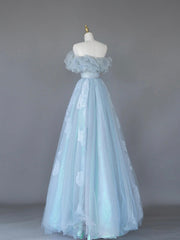 Dress Outfit, Light Blue Tulle Lace Long Prom Dress, Beautiful Off Shoulder Evening Party Dress