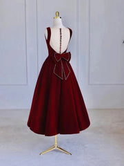 Formal Dresses Classy Elegant, Burgundy Tea Length Velvet Prom Dress with Bowknot,  Burgundy Evening Party Dress