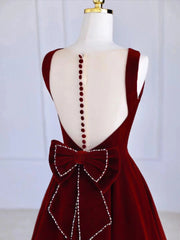 Formal Dress Classy Elegant, Burgundy Tea Length Velvet Prom Dress with Bowknot,  Burgundy Evening Party Dress