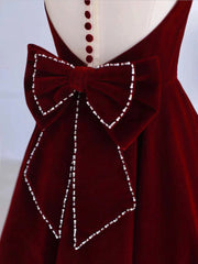 Formal Dress Lace, Burgundy Tea Length Velvet Prom Dress with Bowknot,  Burgundy Evening Party Dress