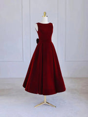 Formal Dresses Ballgown, Burgundy Tea Length Velvet Prom Dress with Bowknot,  Burgundy Evening Party Dress