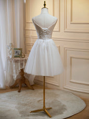 Prom Dresses White And Gold, Ivory V-Neck Lace Straps Party Dress, Ivory Knee Length Prom Dress