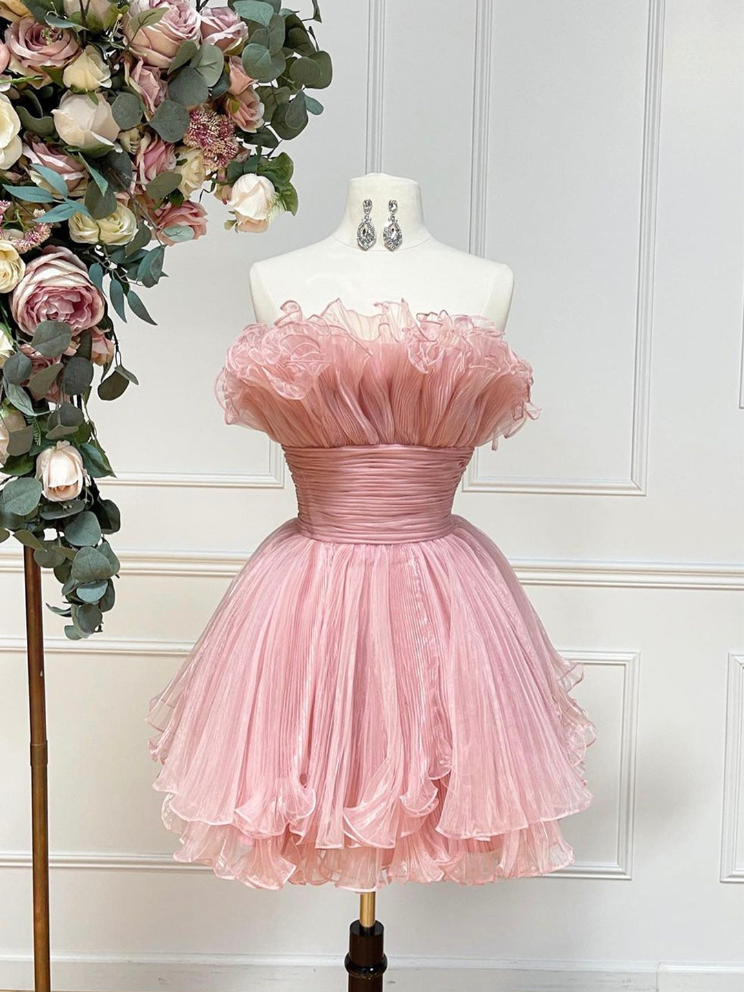 Bridesmaid Dresses Design, Pink Strapless Tulle Short Prom Dress, Cute A-Line Homecoming Dress