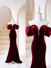 Short Dress Style, Burgundy Velvet Long Prom Dress, Mermaid Off Shoulder Evening Party Dress