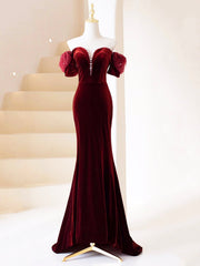 Dress To Impression, Burgundy Velvet Long Prom Dress, Mermaid Off Shoulder Evening Party Dress