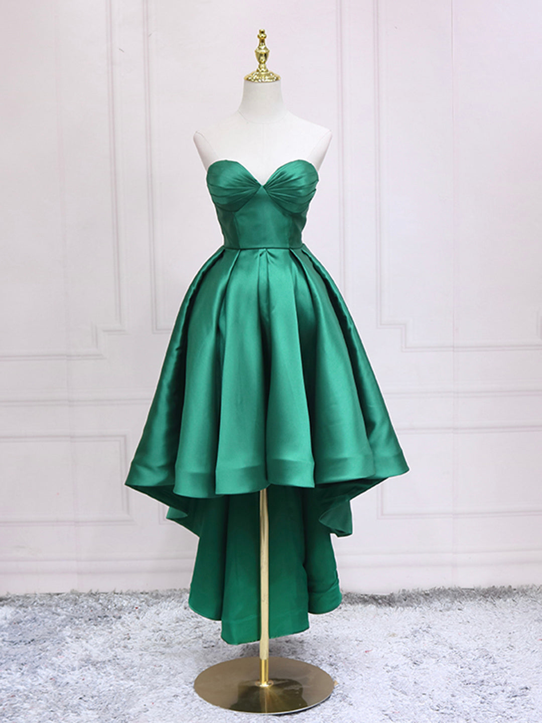 Prom Dress Pieces, Green Satin High Low Party Dresses, Strapless Green Homecoming Dresses