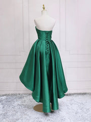 Prom Dress Piece, Green Satin High Low Party Dresses, Strapless Green Homecoming Dresses