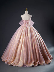 Braids, Pink Tulle Sequins Long Prom Dress, Beautiful A-Line Formal Dress Sweet 16 Dress