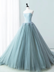 Party Dress Outfits, Blue Satin Tulle Long Prom Dress, Lovely Strapless Evening Dress