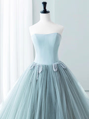 Party Dresses Cheap, Blue Satin Tulle Long Prom Dress, Lovely Strapless Evening Dress