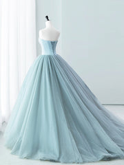 Party Dress Idea, Blue Satin Tulle Long Prom Dress, Lovely Strapless Evening Dress