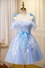 Bridesmaids Dresses Purple, Blue Lace Knee Length Prom Dress, Lovely A-Line Homecoming Dress
