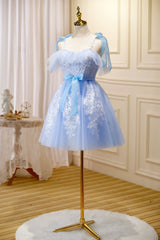 Bridesmaid Dress Purple, Blue Lace Knee Length Prom Dress, Lovely A-Line Homecoming Dress