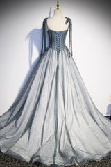 Prom Dresses Style, Gray Spaghetti Straps Long A-Line Prom Dress, Gray Evening Dress with Beaded