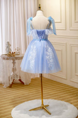 Bridesmaids Dress Purple, Blue Lace Knee Length Prom Dress, Lovely A-Line Homecoming Dress