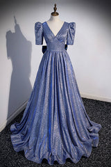 Spring Wedding, Blue Long A-Line Prom Dress, Simple V-Neck Short Sleeve Evening Dress