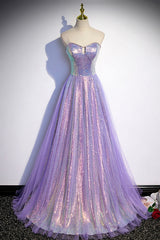 Fall Wedding Color, Purple Strapless Sequins Floor Length Prom Dress, A-Line Formal Dress