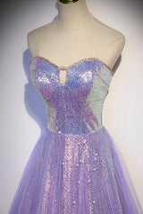 Rustic Wedding, Purple Strapless Sequins Floor Length Prom Dress, A-Line Formal Dress
