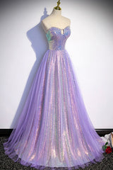 Dream Wedding, Purple Strapless Sequins Floor Length Prom Dress, A-Line Formal Dress