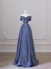 Party Dresses Long, Shiny Off the Shoulder Floor Length Blue A-Line Prom Dress