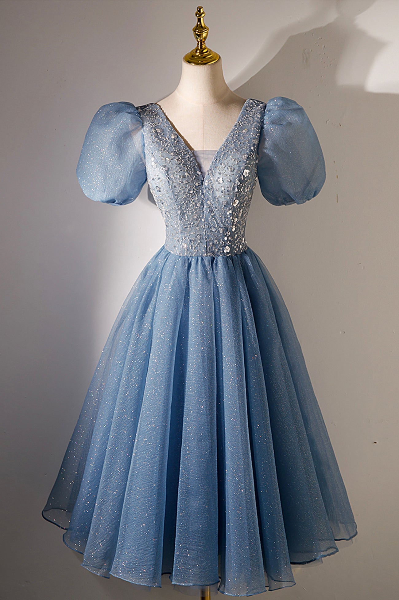 Bridesmaid Dress Colors, A-line V-neck Sequins Short Prom Dress, Blue Short Sleeve Evening Dress