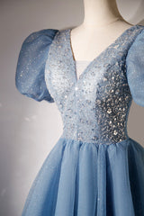 Bridesmaid Dresses Wedding, A-line V-neck Sequins Short Prom Dress, Blue Short Sleeve Evening Dress